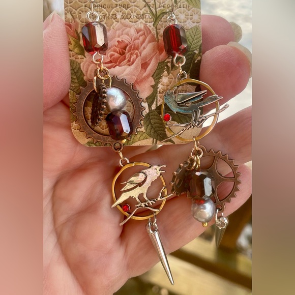 Goth Glam Red and Silver Bird Earrings - Picture 6 of 7